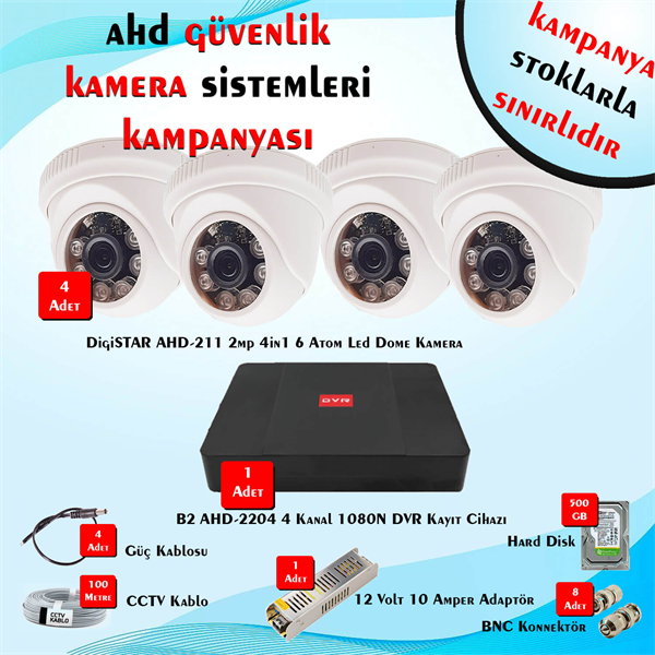 B2Güvenlik Kamera SetleriAhd 4 Kamera 4 Kanal Güvenlik Dome Kamera Setleri