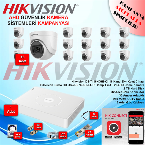 HikvisionGüvenlik Kamera SetleriHikvision AHD 16 Adet 2 Mp Dome Güvenlik Kamera Seti
