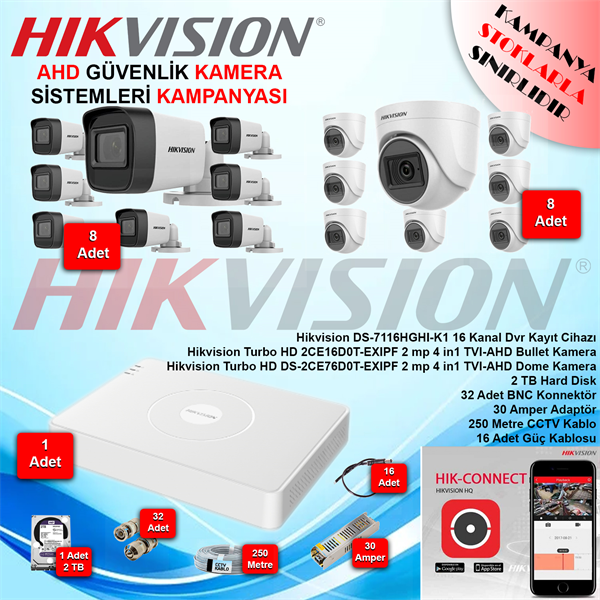HikvisionGüvenlik Kamera SetleriHikvision AHD 16 Adet 2 Mp Güvenlik Kamera Seti