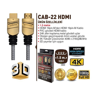 Goldmaster Cab-22 1,5 Metre Altın Uçlu 4K 2160 3D HDMI Kablo