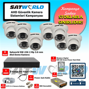 Satworld 2 mp 8 Kanal Dome Kamera Ahd Güvenlik Sistem Seti