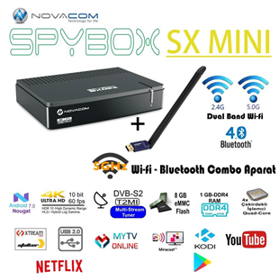 Novacom Spybox Sx Mini Android 4K Uydu Alıcısı ve Dual Band 5 Ghz Wifi Bluetooth Aparat